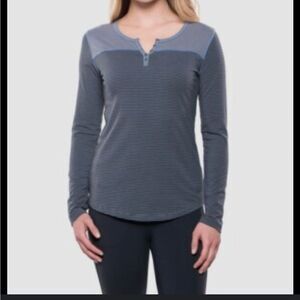 Kuhl Women's Blue and Gray Striped shirt cotton athletic hiking outdoors L top